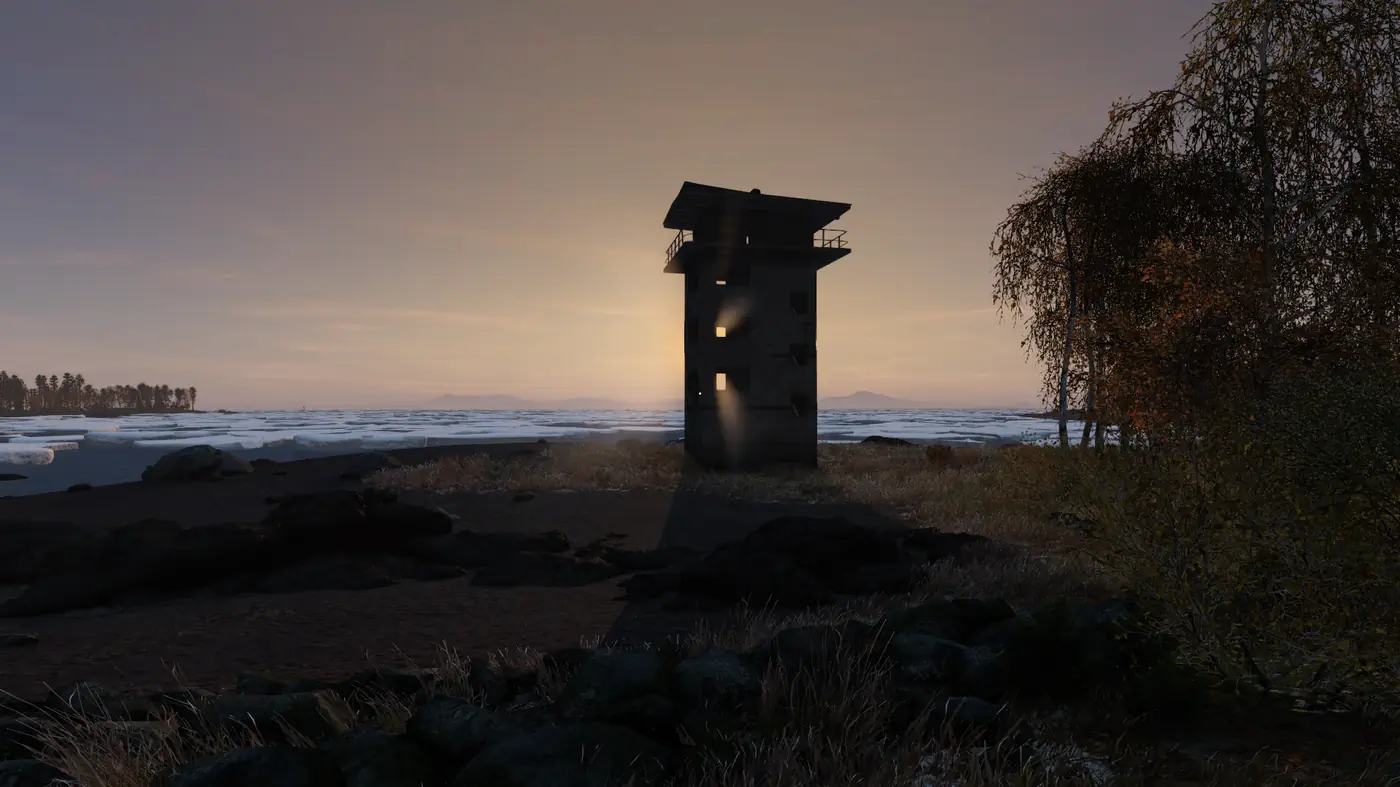 A lone watchtower at sunset beside an ice-covered sea on an Is Dead DayZ server