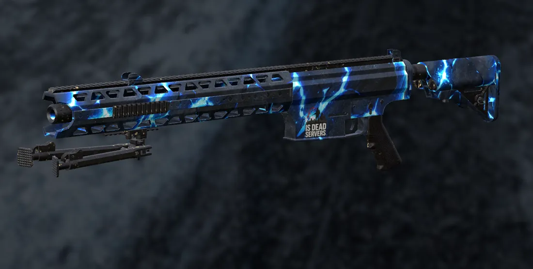 A MAR-408 rifle with the Electric Fracture skin, blue lightning on black with the Is Dead Servers logo, rechambered in .408 CheyTac