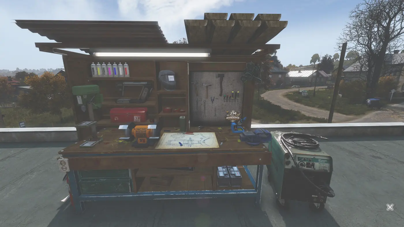 The ZM Workbench crafting station on a rooftop overlooking a village on Is Dead